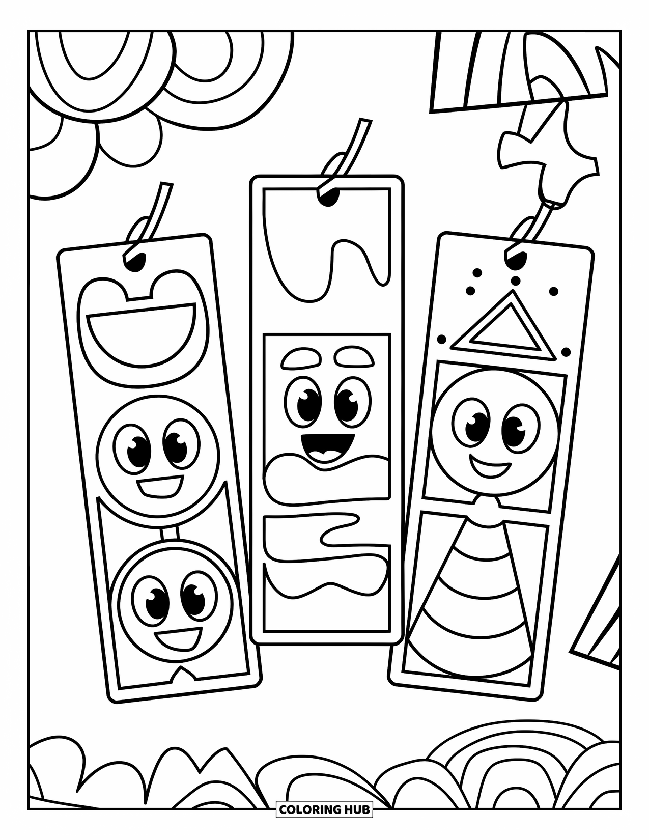 Bookmark Coloring Page for Kids: Circle, square, and triangle bookmarks with cheerful faces
