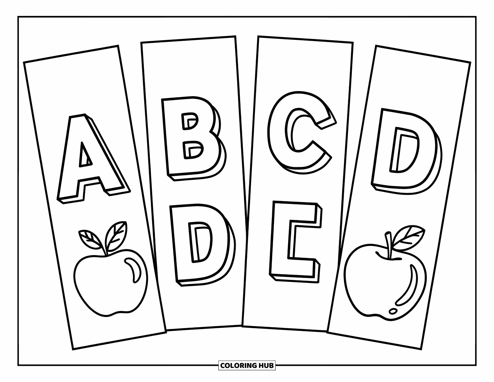 Bookmark Coloring Page for Kids: Four alphabet bookmarks with big letters AD and objects like apple or ball