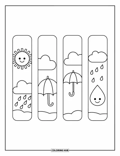Coloriage de marque-pages pour enfants : Quatre marque-pages avec soleil sympathique, nuage, parapluie et goutte de pluie