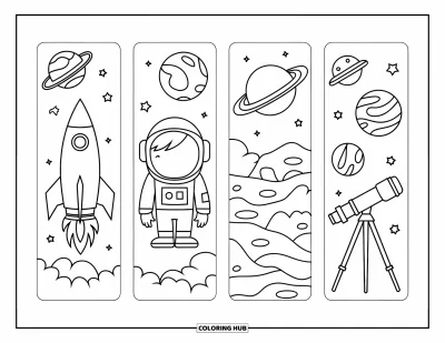 Coloriage de marque-pages pour enfants : Quatre marque-pages avec fusée, astronaute, planètes et télescope
