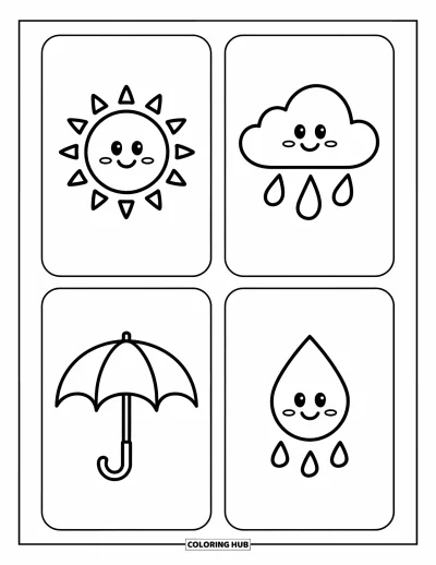 Coloriage de marque-pages pour enfants : Marque-pages météo sympathiques avec soleil, nuage, parapluie et goutte de pluie