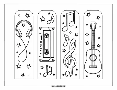 Coloriage de marque-pages pour enfants : Planche de marque-pages avec casque audio, cassette, notes de musique et guitare