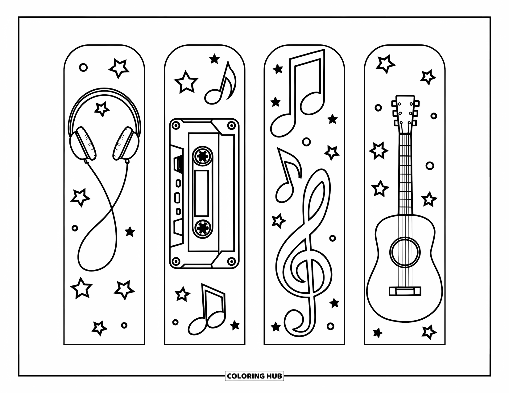 Bookmark Coloring Page for Kids: Full sheet of bookmarks with headphones, cassette, notes, and guitar