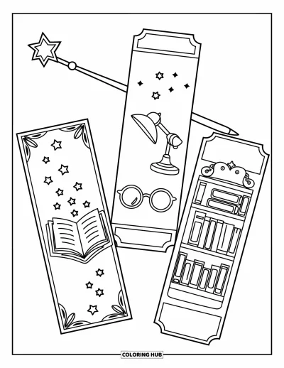 Coloriage de marque-pages pour enfants : Marque-pages enchanteurs avec livre, lunettes, lampe et bibliothèque