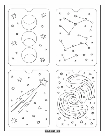 Coloriage de marque-pages pour enfants : Marque-pages avec phases de lune, constellations, étoile filante et tourbillon de galaxie aux détails doux