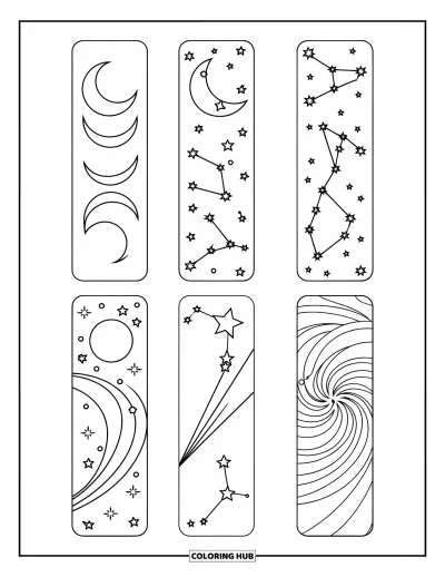 Coloriage de marque-pages pour enfants : Lune, étoiles, étoile filante et tourbillon de galaxie sur quatre marque-pages fluides