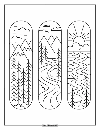 Coloriage de marque-pages pour enfants : Montagnes, rivière sinueuse et lever de soleil sur trois marque-pages nature
