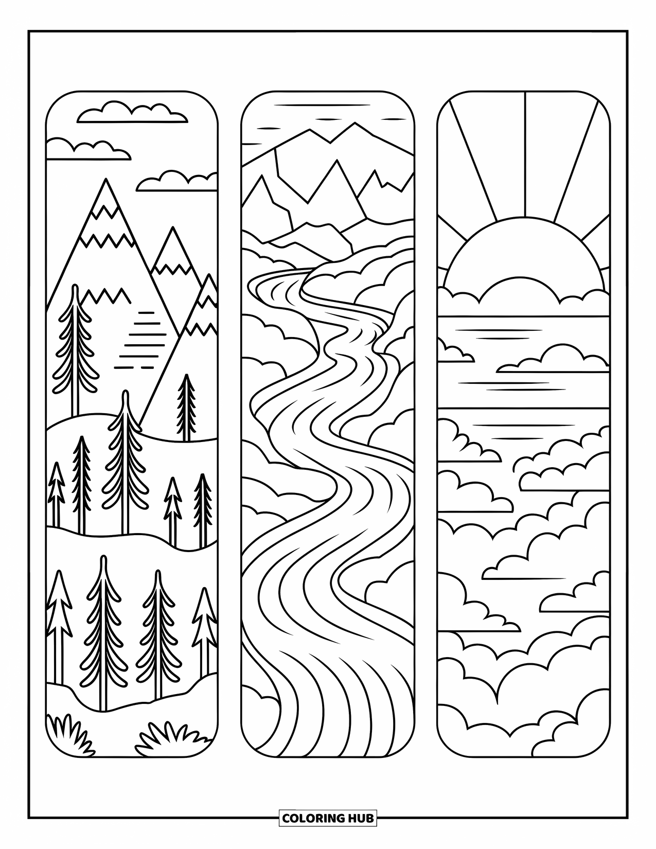 Bookmark Coloring Page for Kids: Mountains, river, and sunrise designs on three peaceful bookmarks