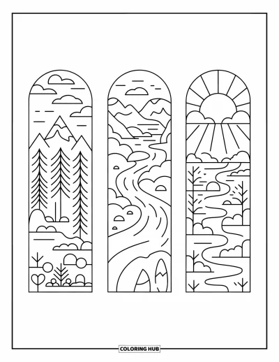 Coloriage de marque-pages pour enfants : Marque-pages nature avec montagnes, rivière et lever de soleil derrière les nuages