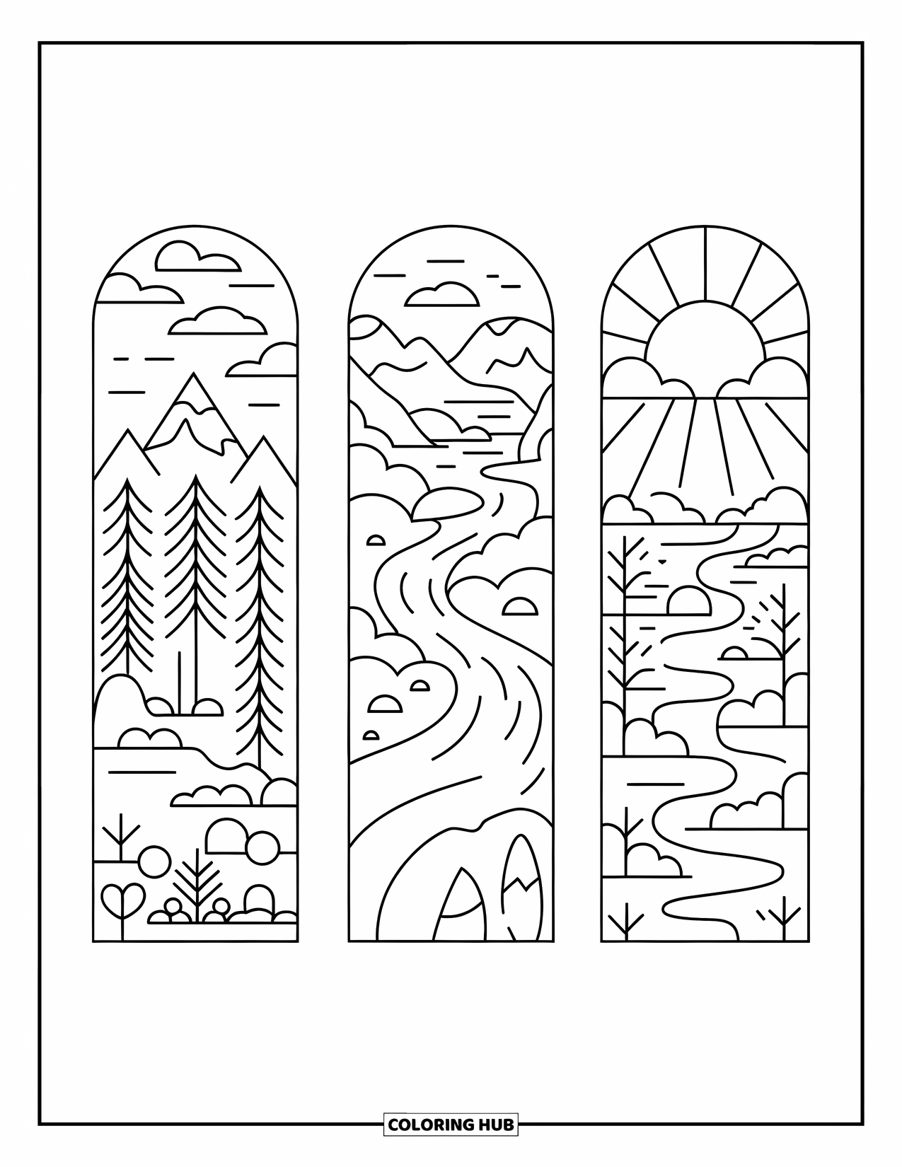 Bookmark Coloring Page for Kids: Nature bookmarks with mountains, river, and sunrise behind clouds