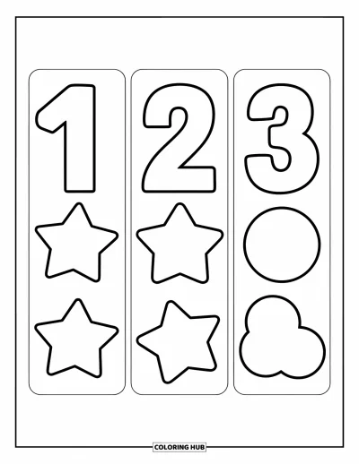 Coloriage de marque-pages pour enfants : Chiffres 1 à 3 avec des formes comme des étoiles et des cercles sur des marque-pages
