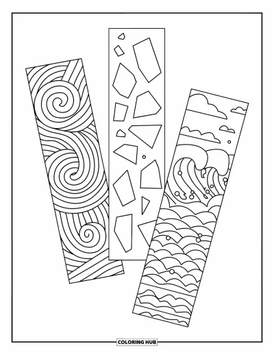 Coloriage de marque-pages pour enfants : Marque-pages à motifs avec des spirales, du verre brisé et des vagues
