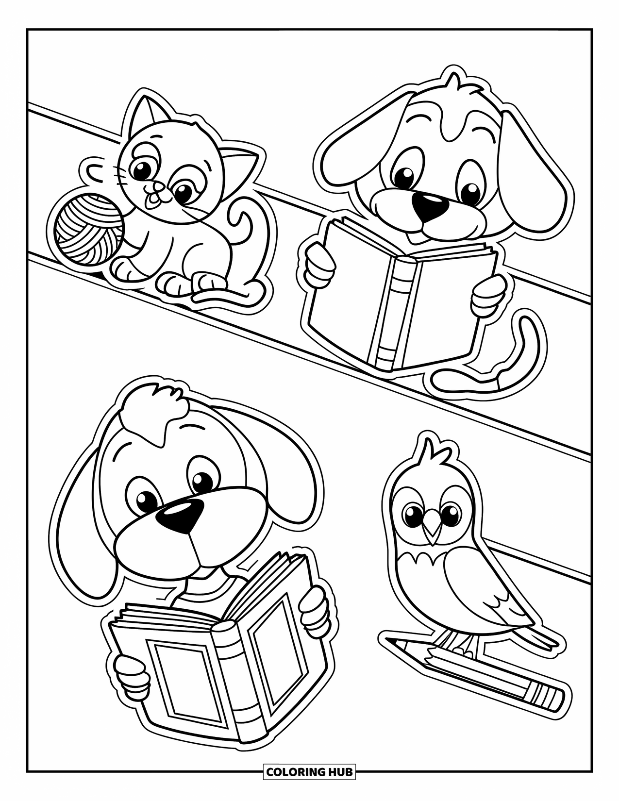 Bookmark Coloring Page for Kids: Playful animal bookmarks: cat with yarn, dog with book, bird with pencil