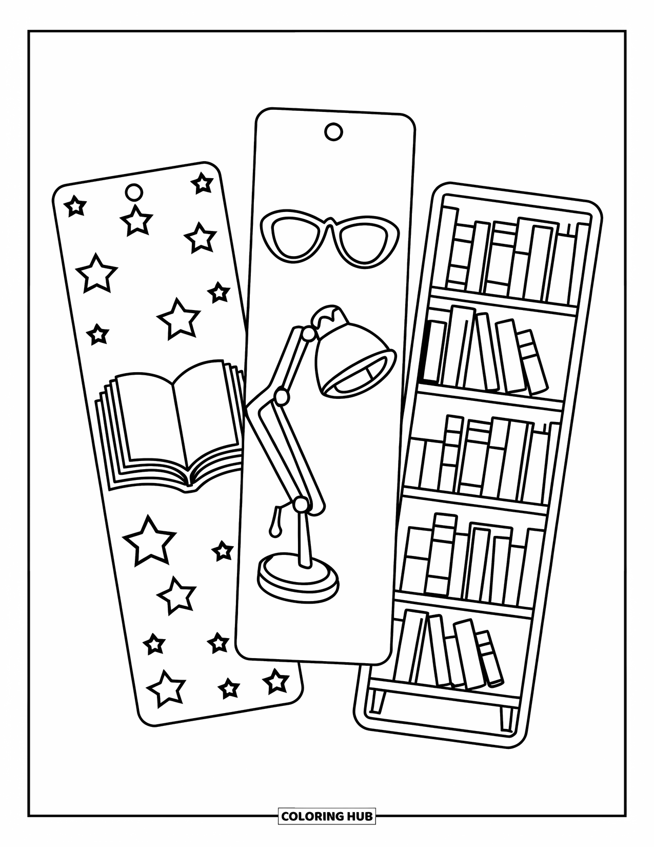 Bookmark Coloring Page for Kids: Reading bookmarks with book, lamp and glasses, and bookshelf