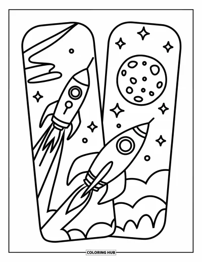 Coloriage de marque-pages pour enfants : Marque-pages fusée et lune avec des formes simples et un ciel étoilé