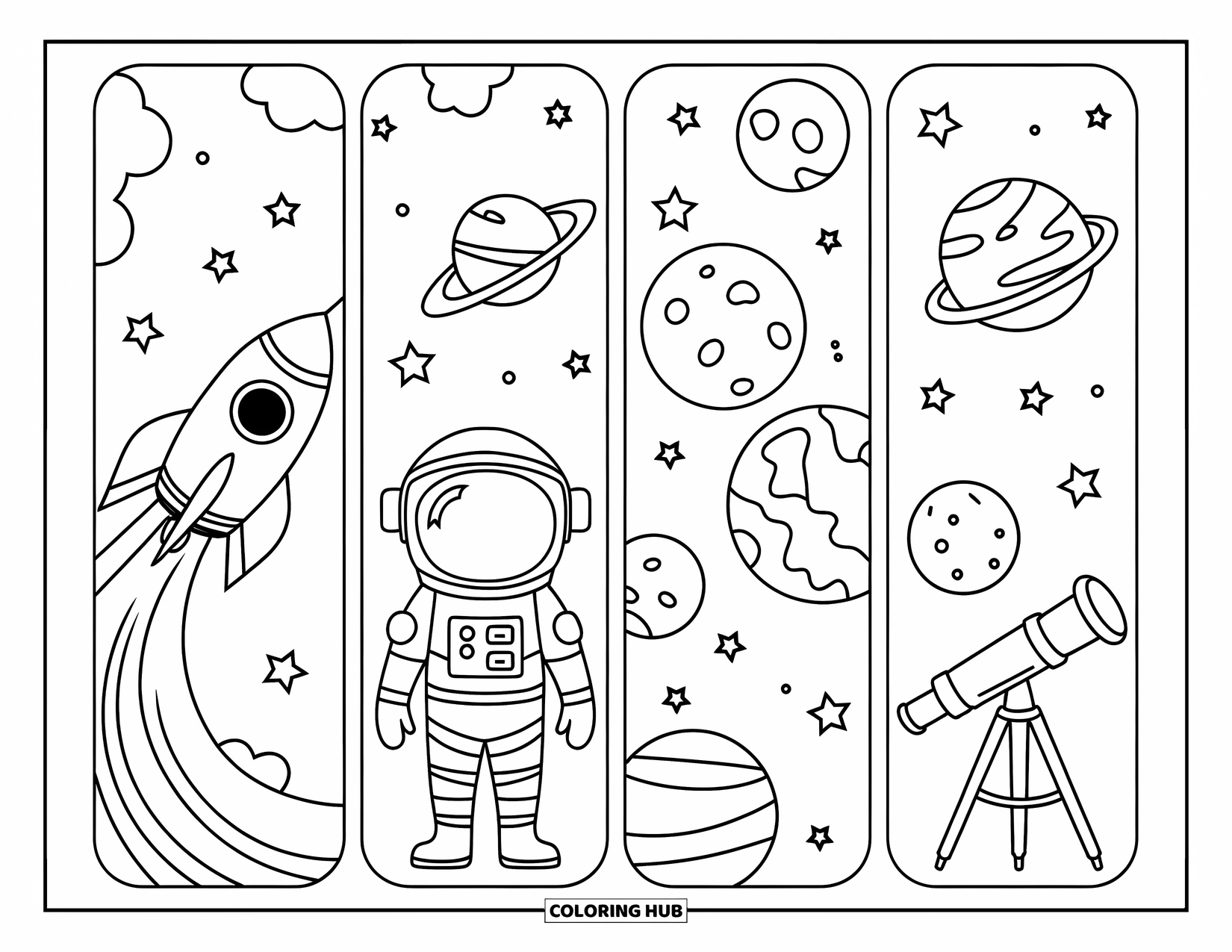 Bookmark Coloring Page for Kids: Rocket, astronaut, planets, and telescope on fun space bookmarks