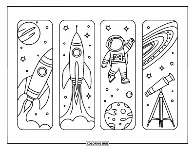 Coloriage de marque-pages pour enfants : Marque-pages avec lancement de fusée, astronaute, système solaire et télescope pour les passionnés d'espace