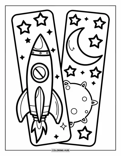 Coloriage de marque-pages pour enfants : Fusée et lune avec des étoiles sur des marque-pages pleins de fantaisie