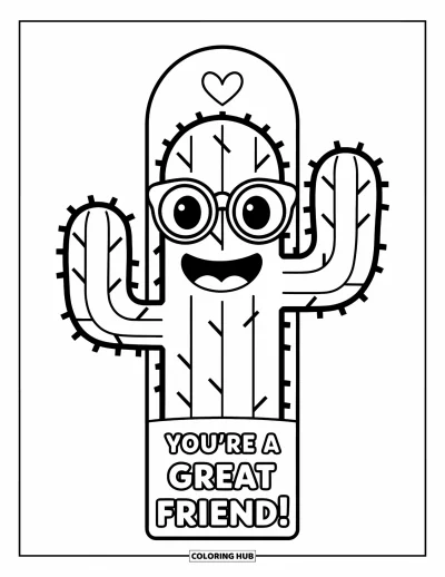 Coloriage de marque-pages pour enfants : Cactus souriant avec des lunettes et un petit cœur avec l'inscription "You're a great friend !"