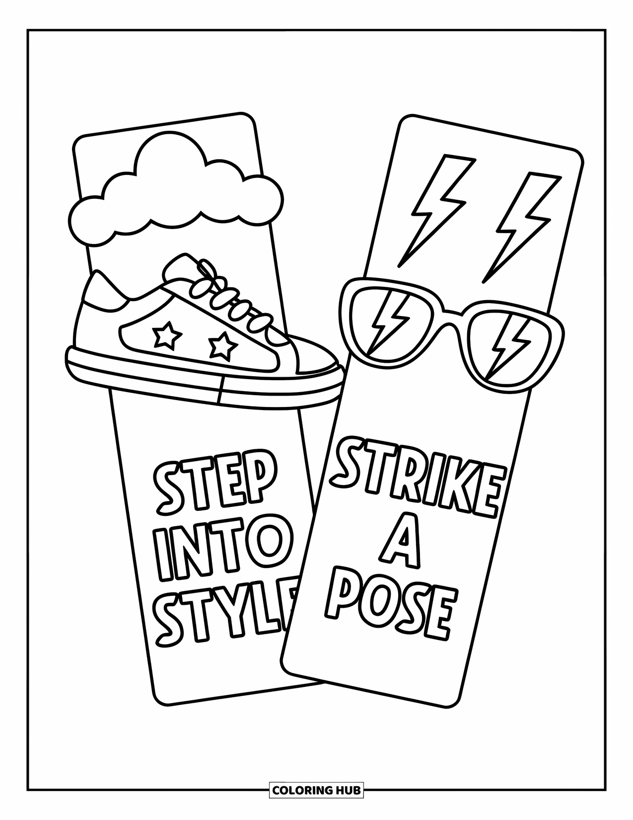 Bookmark Coloring Page for Kids: Sneaker with stars and sunglasses with lightning bolts held by a cloud