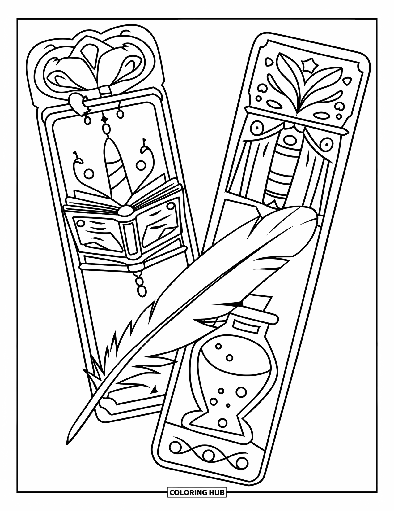 Bookmark Coloring Page for Kids: Spell book, potion bottle, and feather quill on fantasy bookmarks