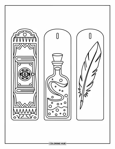 Coloriage de marque-pages pour enfants : Livre de sorts, fiole de potion et plume sur des marque-pages à l'atmosphère magique
