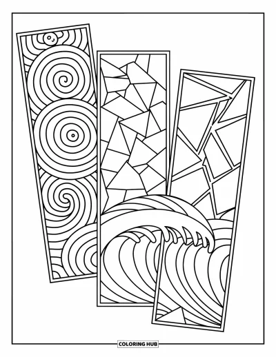 Coloriage de marque-pages pour enfants : Spirales, verre brisé et vagues sur trois marque-pages à motifs