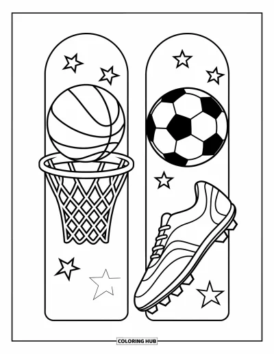 Coloriage de marque-pages pour enfants : Marque-pages sportifs avec un panier de basket et une chaussure de foot en action