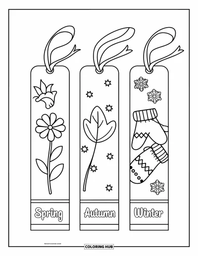 Coloriage de marque-pages pour enfants : Marque-pages printemps, automne et hiver avec des fleurs, des feuilles et des moufles