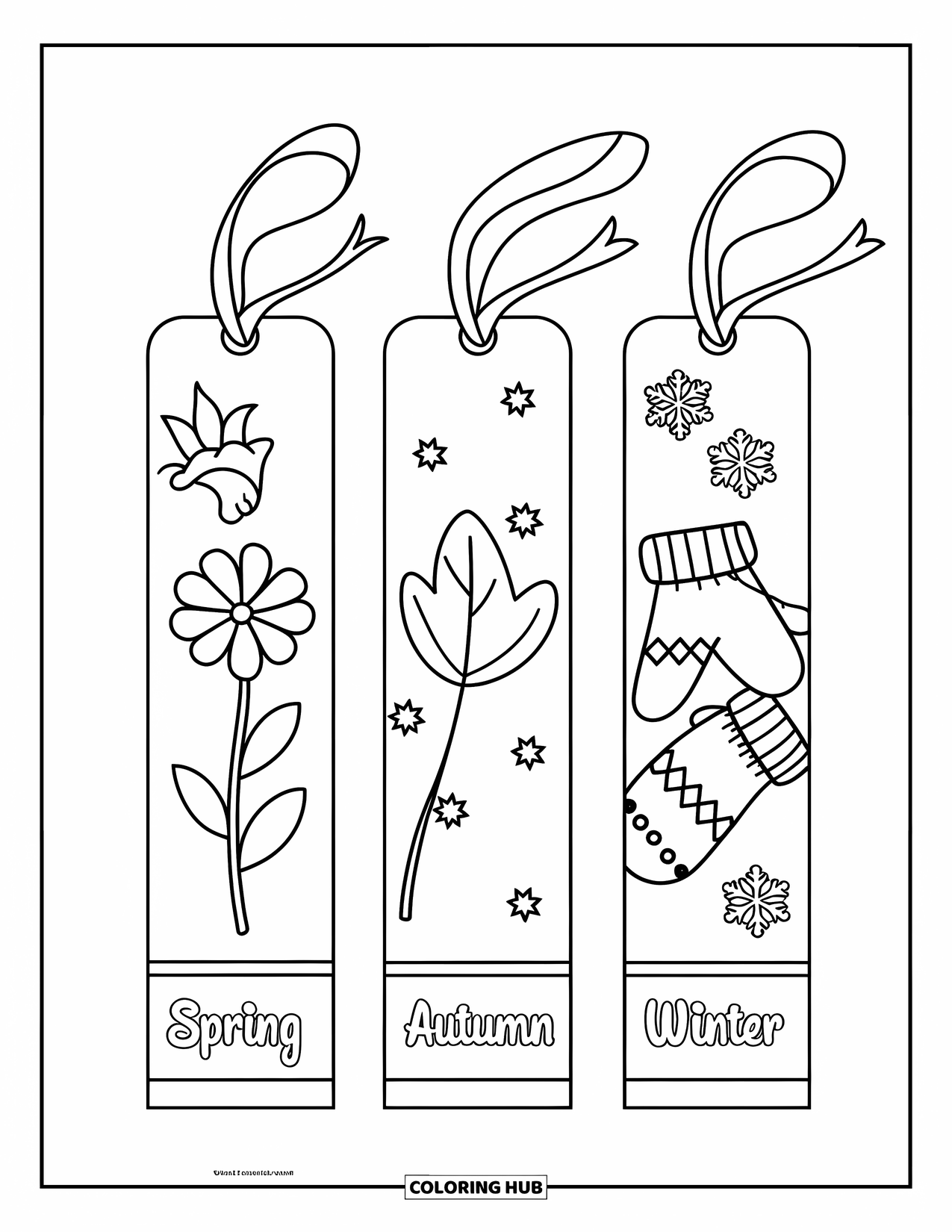 Bookmark Coloring Page for Kids: Spring, autumn, and winter bookmarks with flowers, leaves, and mittens
