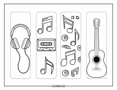 Coloriage de marque-pages pour enfants : Marque-pages tendance ados avec une ambiance musicale : casque, cassette, notes, guitare