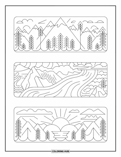 Coloriage de marque-pages pour enfants : Trois marque-pages avec montagnes, rivière et lever de soleil derrière les nuages