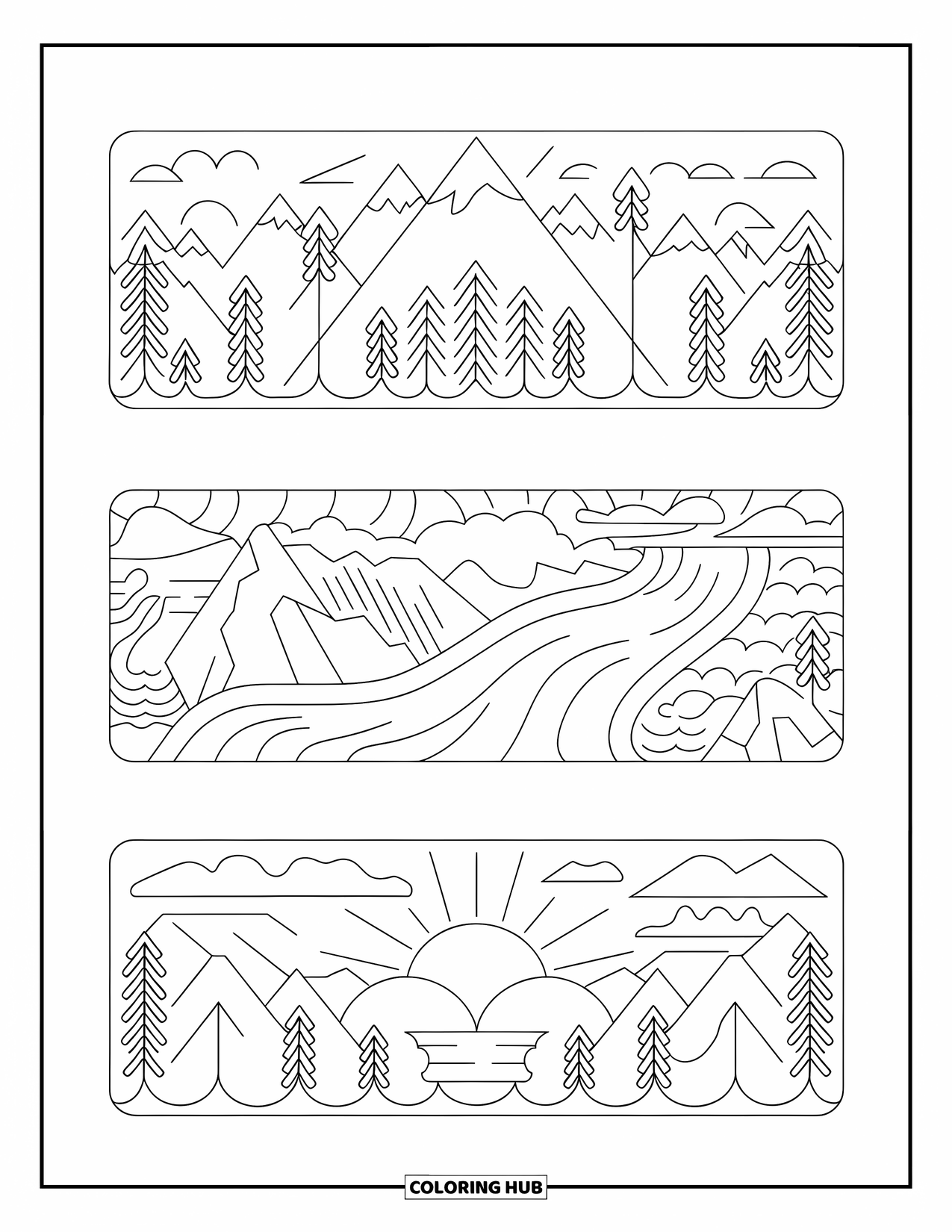 Bookmark Coloring Page for Kids: Three bookmarks with mountains, river, and sunrise behind clouds