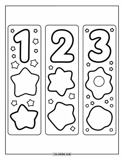 Coloriage de marque-pages pour enfants : Trois marque-pages avec les chiffres 1, 2, 3 et des étoiles ou cercles assortis