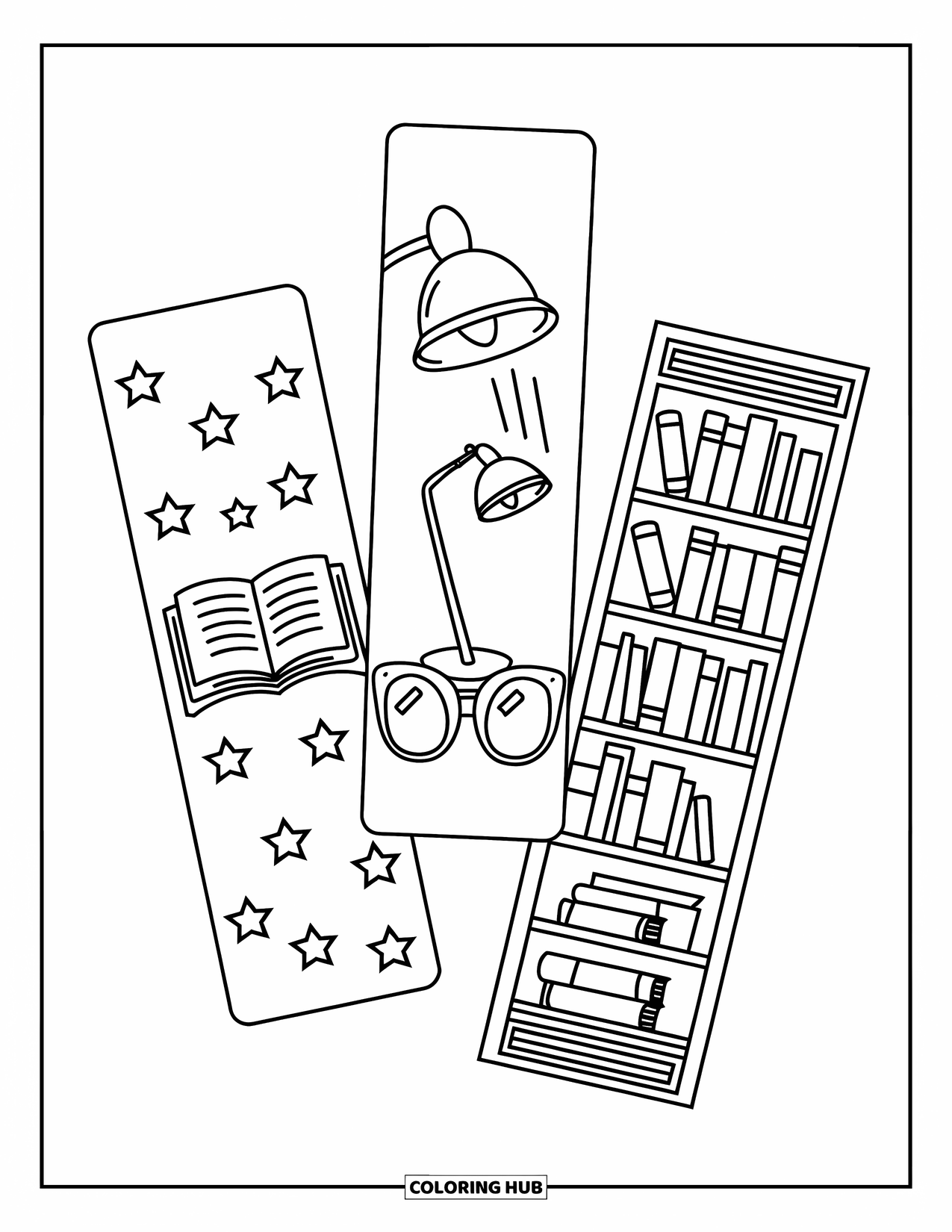 Bookmark Coloring Page for Kids: Three bookmarks with open book, reading lamp, glasses, and bookshelf