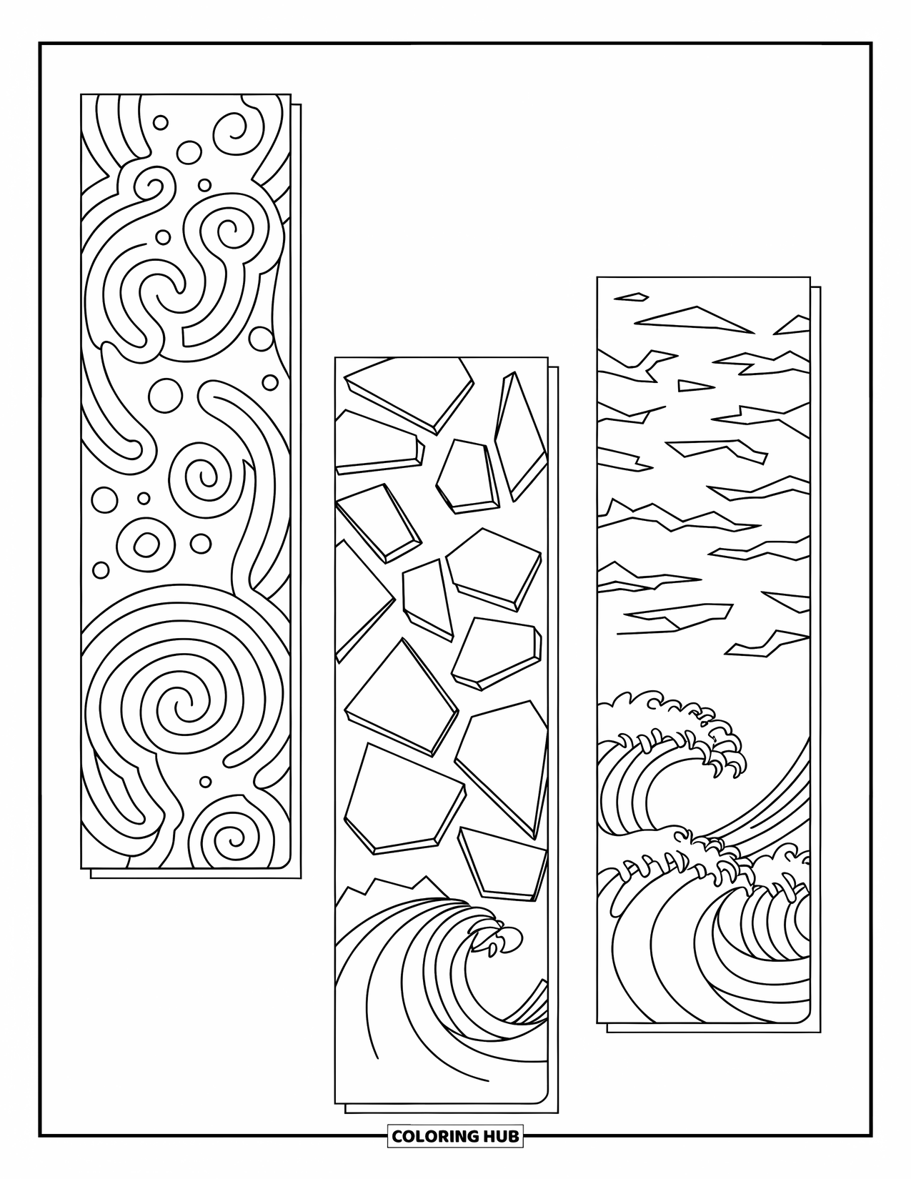 Bookmark Coloring Page for Kids: Three bookmarks with spirals, broken glass shapes, and crashing waves