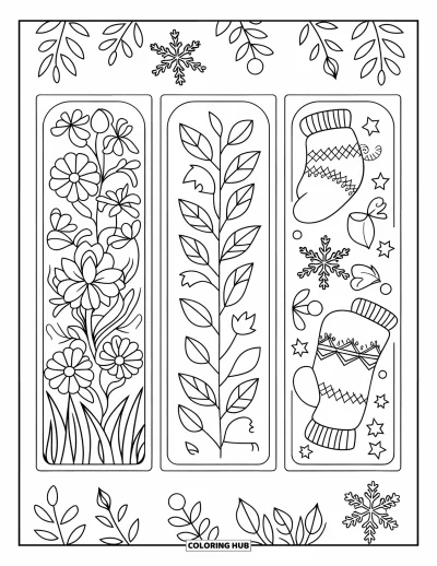 Coloriage de marque-pages pour enfants : Trois marque-pages avec des fleurs de printemps, des feuilles d'automne et des moufles d'hiver