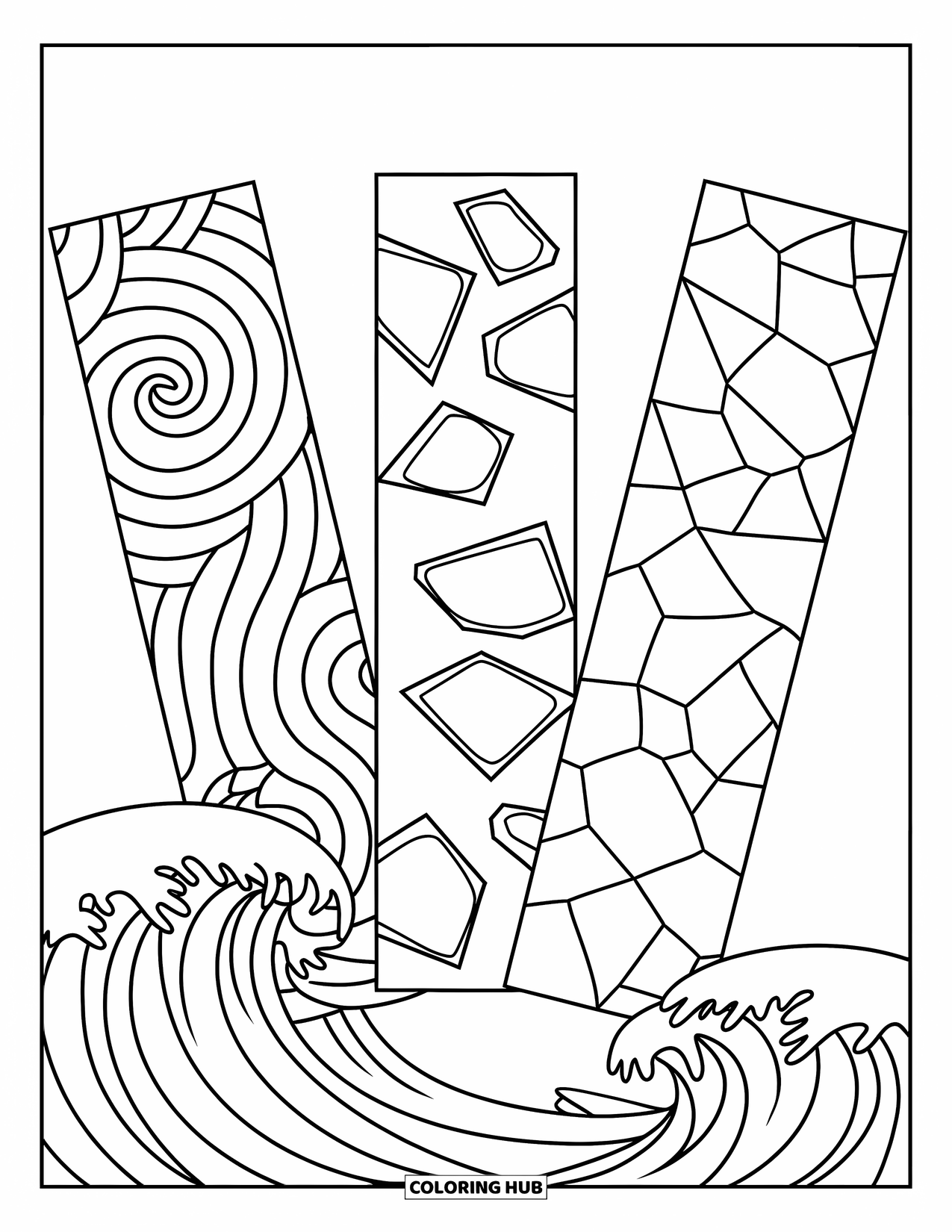 Bookmark Coloring Page for Kids: Three bookmarks with swirls, cracked glass, and crashing waves