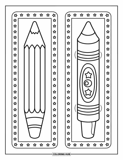 Coloriage de marque-pages pour enfants : Deux marque-pages avec un grand crayon à papier et un crayon de couleur couverts d'étoiles