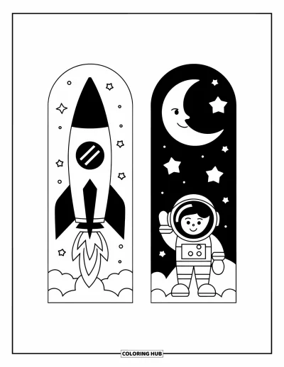 Coloriage de marque-pages pour enfants : Deux marque-pages avec une fusée et une lune souriante entourée d'étoiles