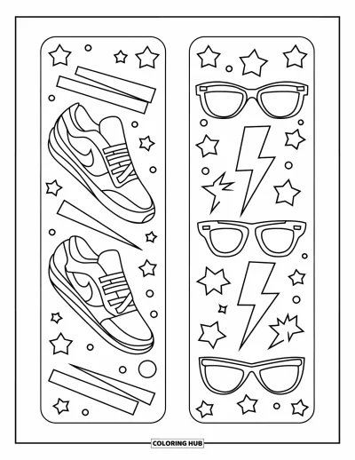 Coloriage de marque-pages pour enfants : Deux marque-pages avec des baskets et des lunettes de soleil dans un style mode amusant