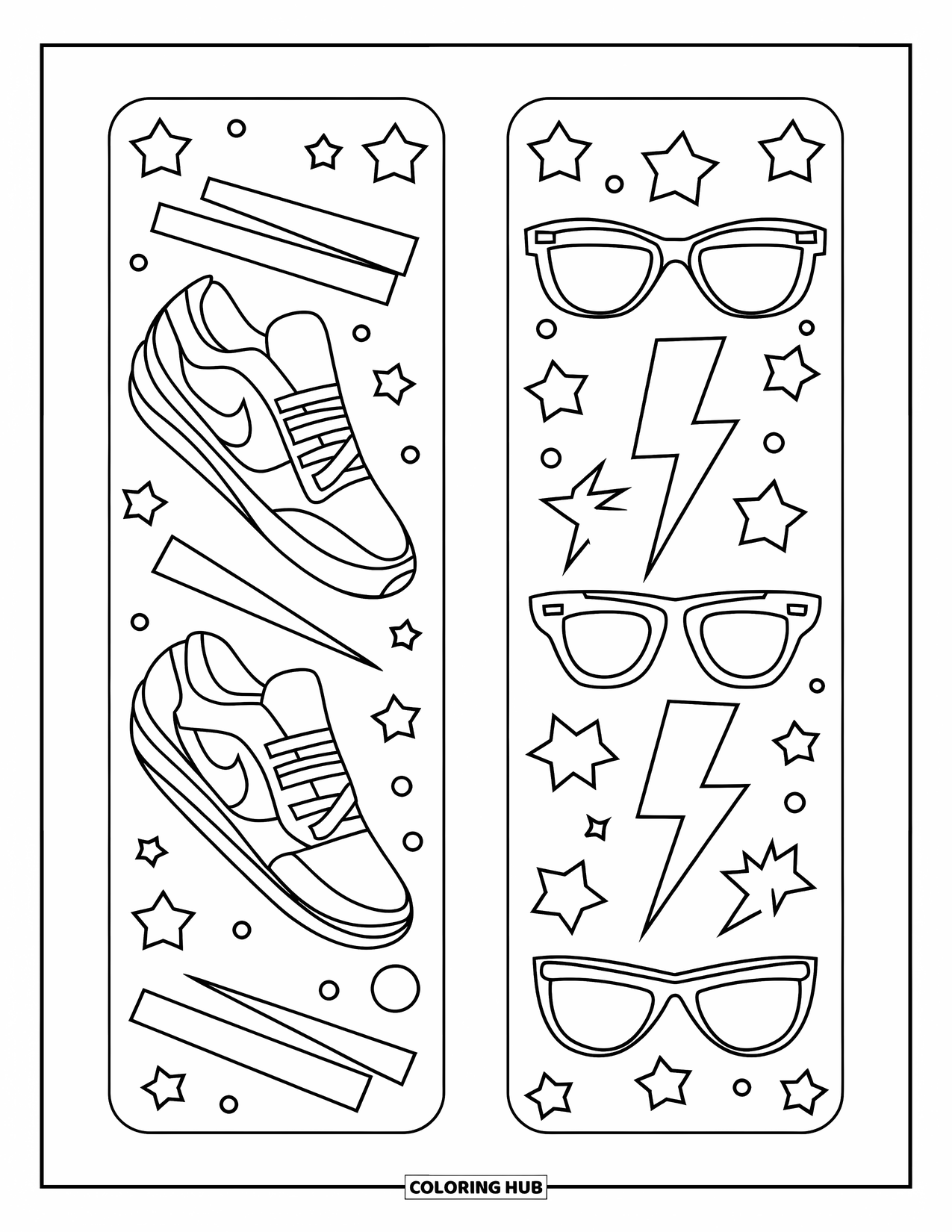 Bookmark Coloring Page for Kids: Two bookmarks with sneakers and sunglasses in a fun fashion style