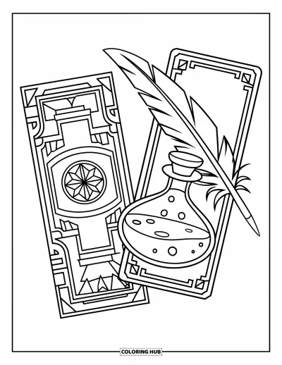 Coloriage de marque-pages pour enfants : Deux marque-pages fantastiques avec un livre de sorts et une fiole de potion