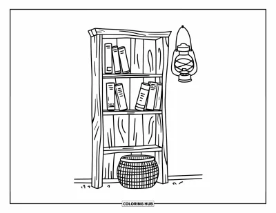 Coloriage d'étagère à livres pour adultes : Bibliothèque avec des recueils de poèmes, un panier et une lanterne suspendue sur un simple mur blanc