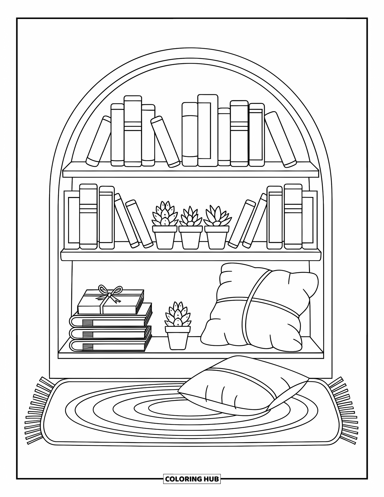 Bookshelf Coloring Page for Adults: Books and journals rest on a round-arched shelf with plants and a woven mat
