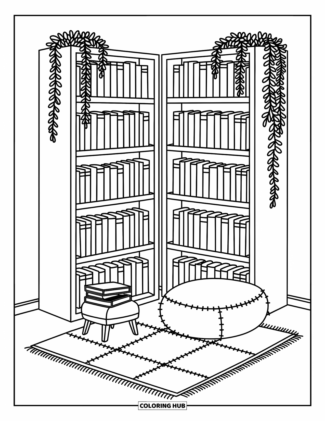Bookshelf Coloring Page for Adults: Books and plants fill an L-shaped shelf beside a patchwork rug and buttoned cushion