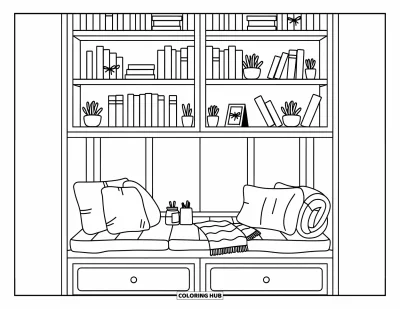 Coloriage d'étagère à livres pour adultes : Des livres, des coussins et de petits cache-pots garnissent une grande étagère avec un coin lecture accueillant