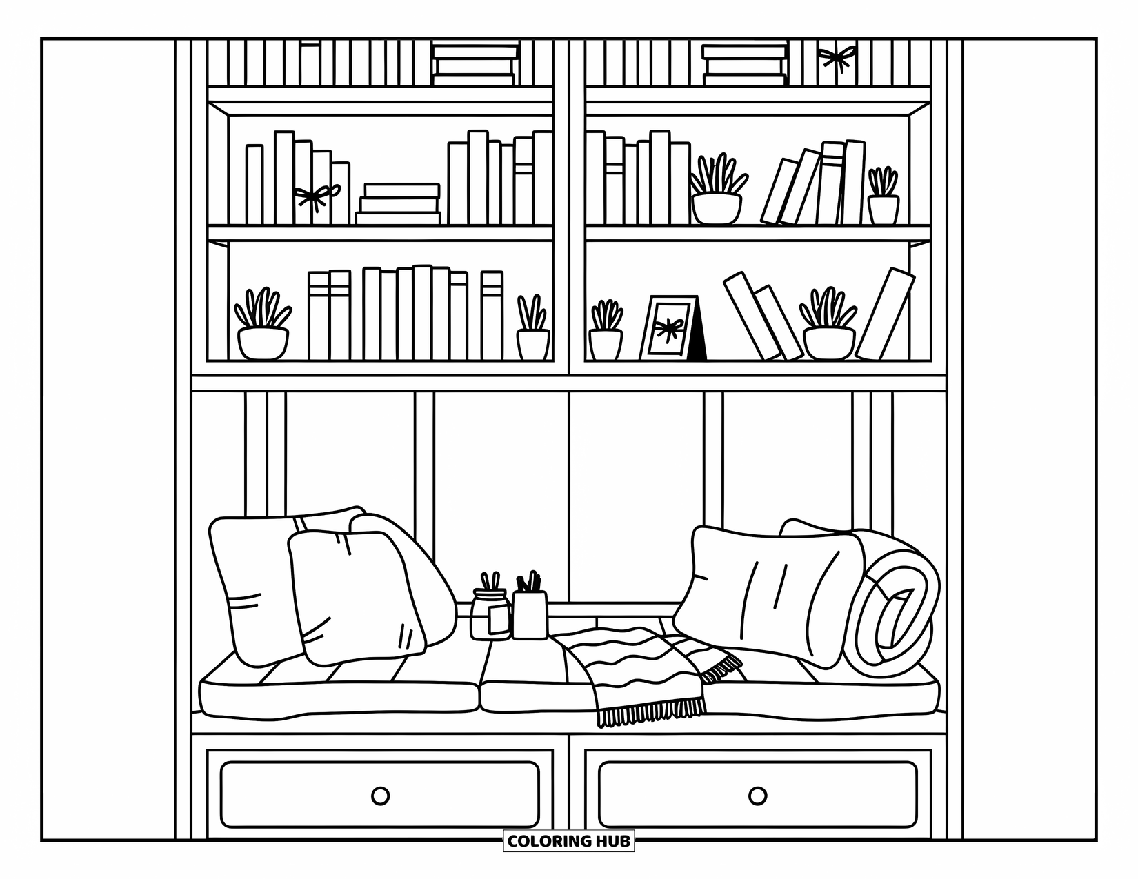Bookshelf Coloring Page for Adults: Books, pillows, and tiny planters fill a tall shelf with a cozy reading nook