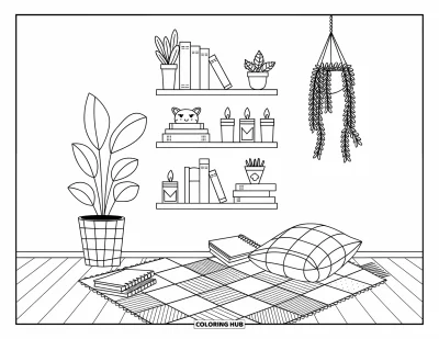 Coloriage d'étagère à livres pour adultes : Des livres, des plantes et des bougies flottent au-dessus d'un coussin de sol et de carnets ouverts