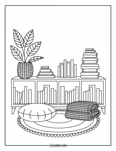 Coloriage d'étagère à livres pour adultes : Des livres, des plantes et des boîtes de rangement garnissent une grande étagère au-dessus d'un coussin et d'un tapis rond